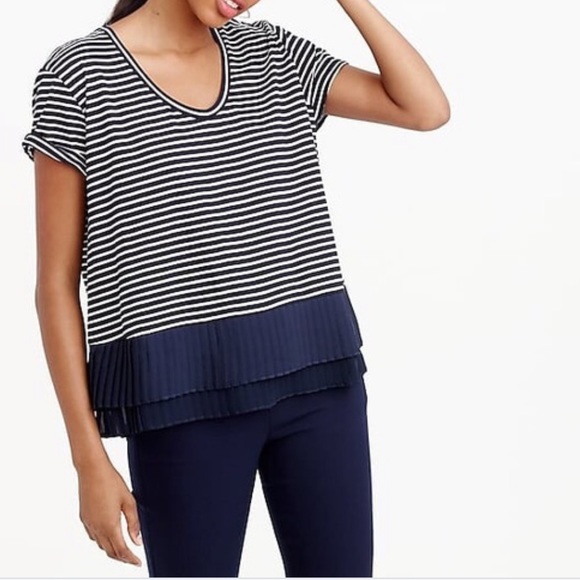 J.Crew Pleated chiffon-hem striped T-shirt - Picture 1 of 7